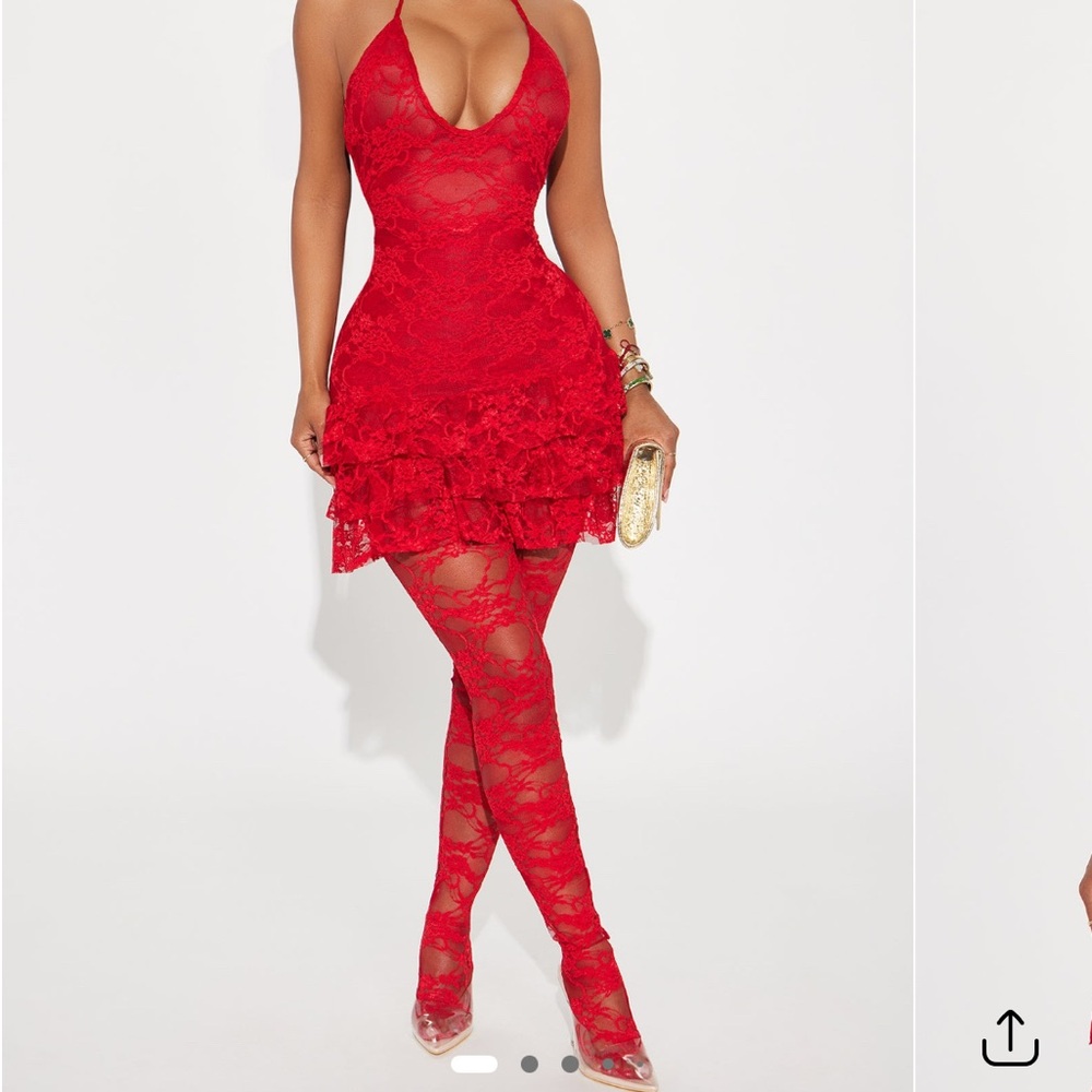 Red Lace Halter Dress with Matching Tights